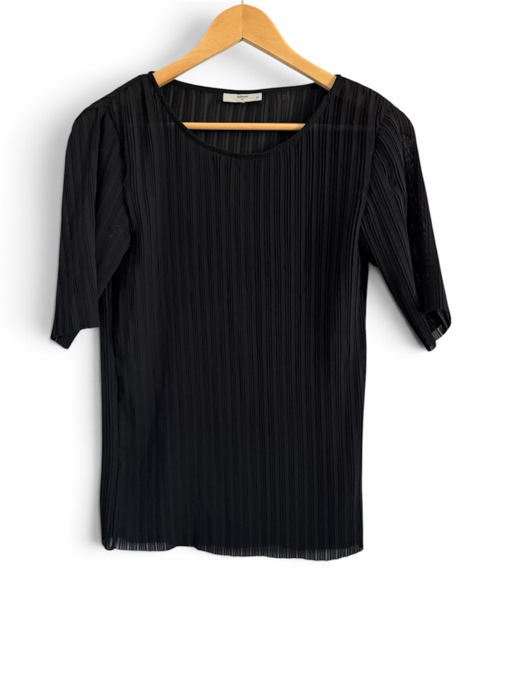 Minimum Black Sheer Vertical Pleated Short-Sleeve Blouse